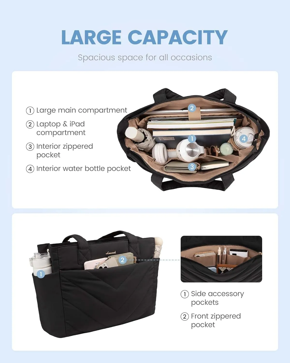 LOVEVOOK Tote Travel Bag for Women, Puffer Work Handbag with Zipper for Teacher Nurse, Quilted Laptop Shoulder Gym Bag Cute