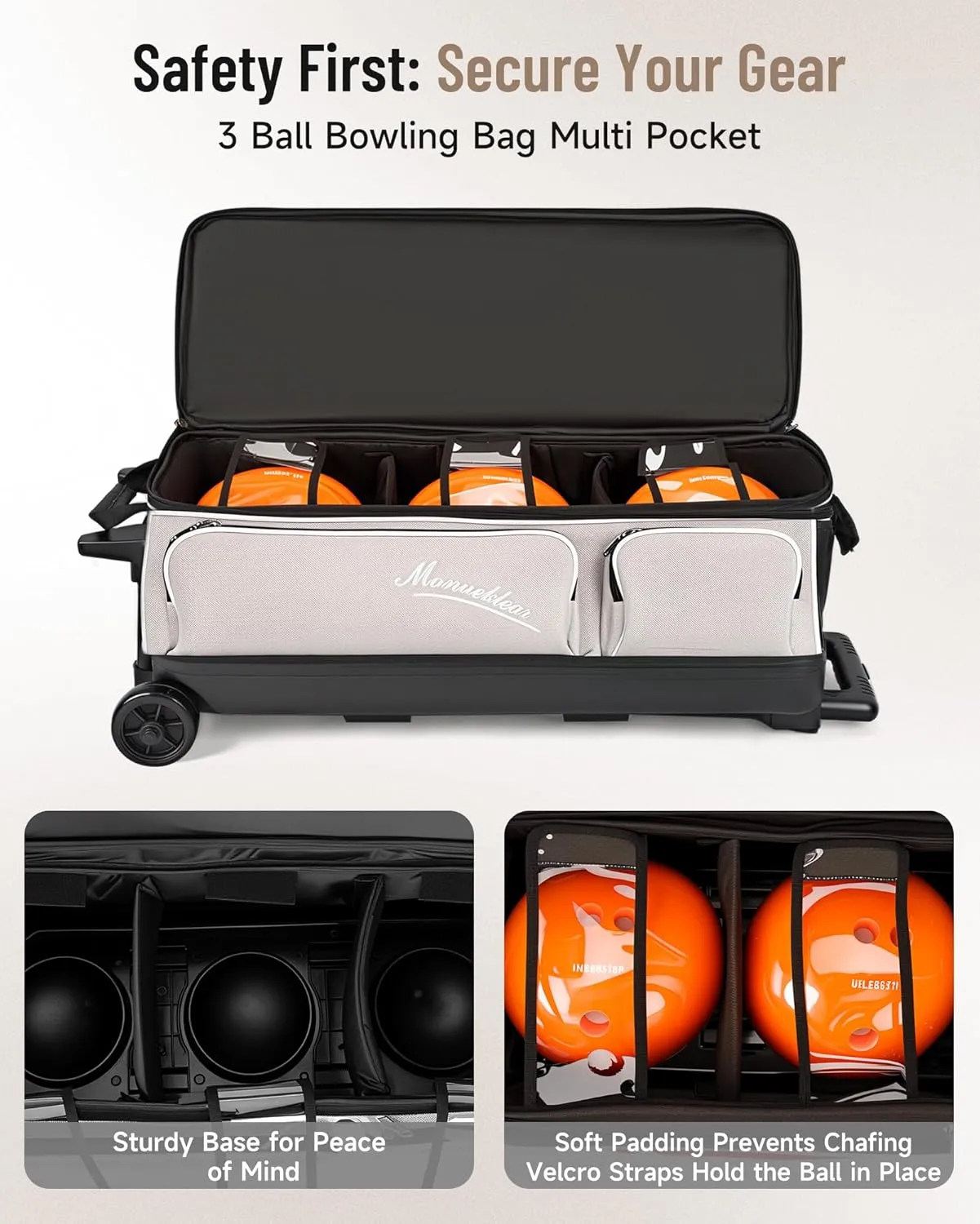 MANUEKLEAR 3 Ball Bowling Bags with Wheels, Bowling Ball Bag 3 Ball Roller with Accessory Pockets and Shoe Compartment