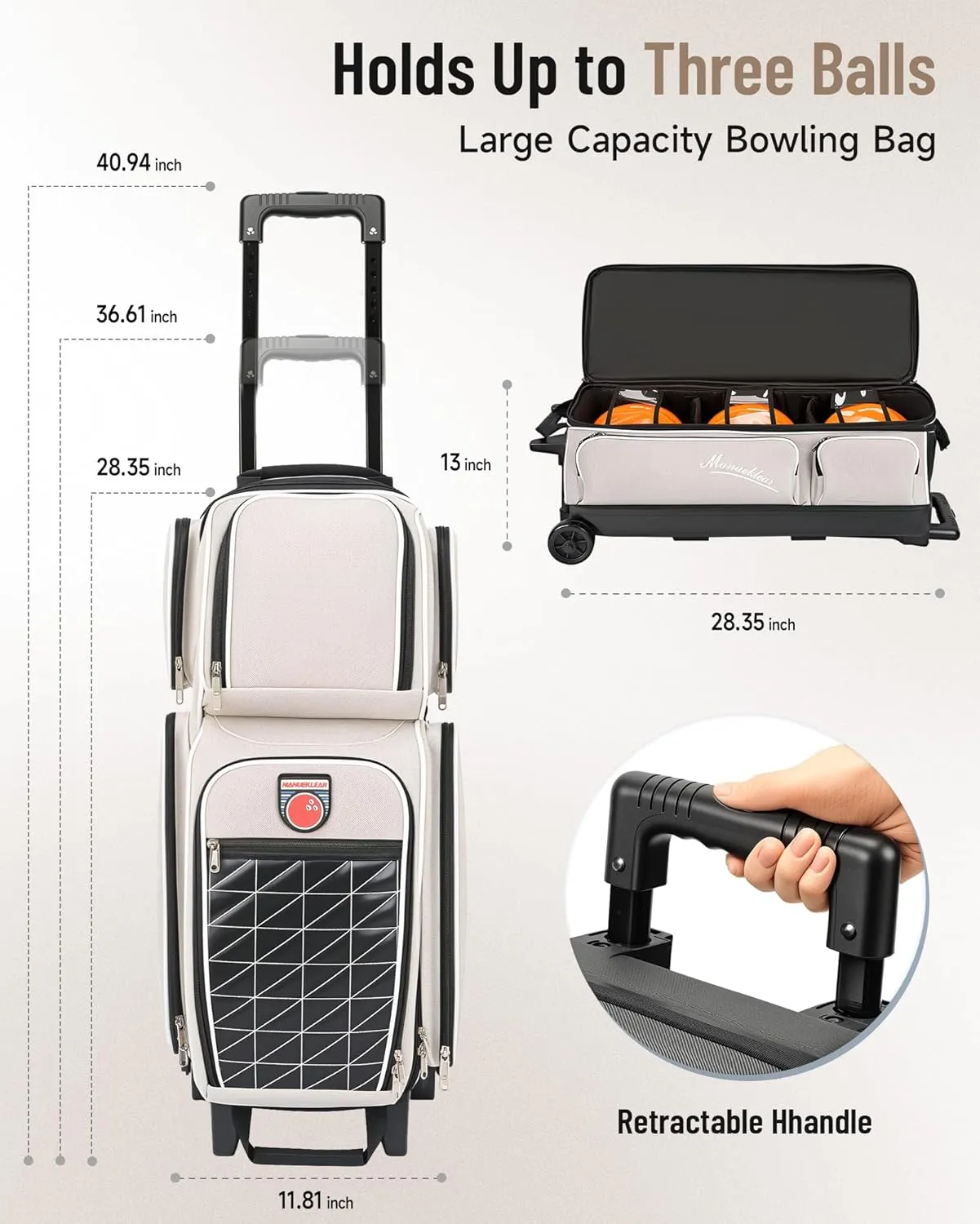 MANUEKLEAR 3 Ball Bowling Bags with Wheels, Bowling Ball Bag 3 Ball Roller with Accessory Pockets and Shoe Compartment