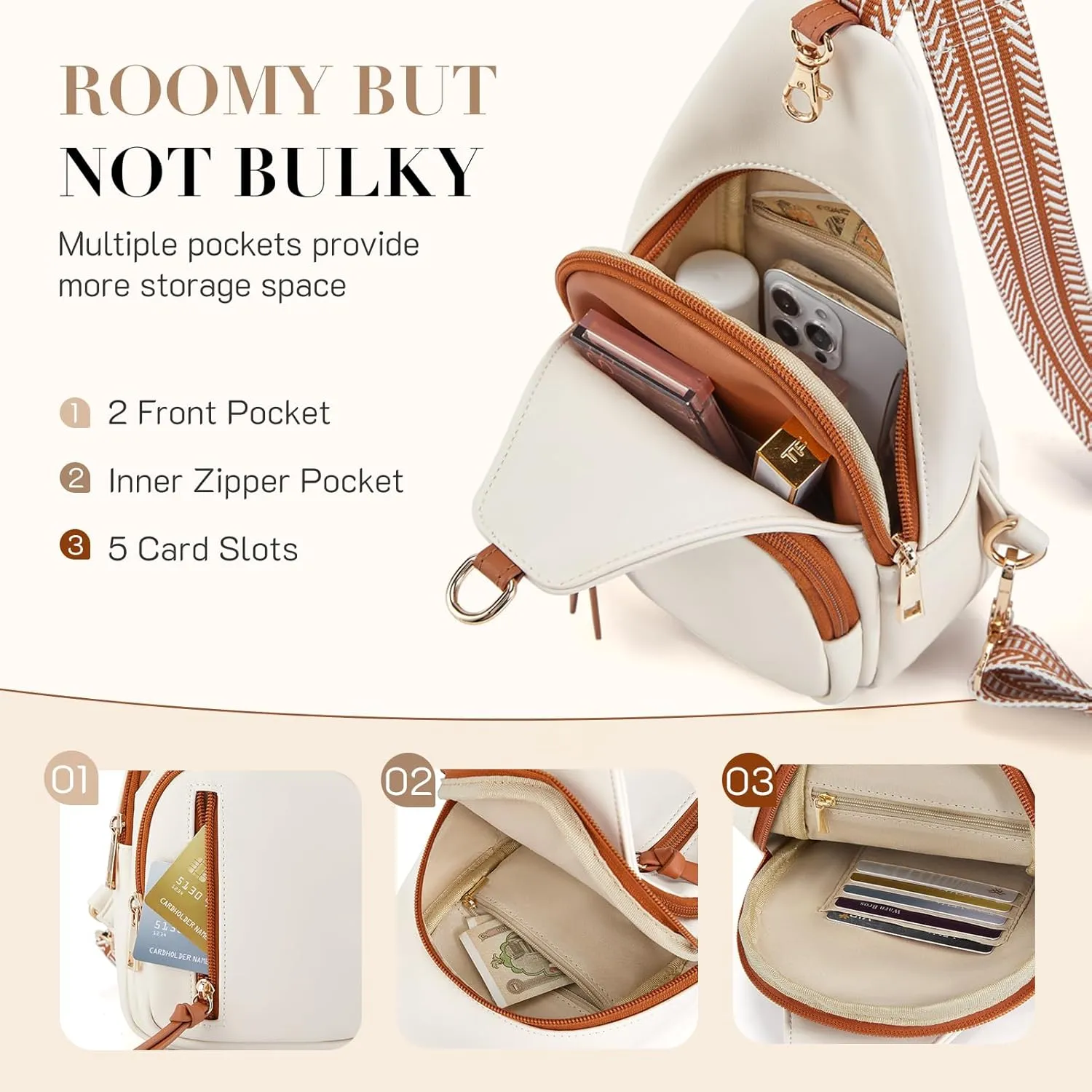 Missnine PU Leather Sling Bag for Women Quilted Chest Crossbody Trendy Travel Bag for Hiking Cycling with Tassel