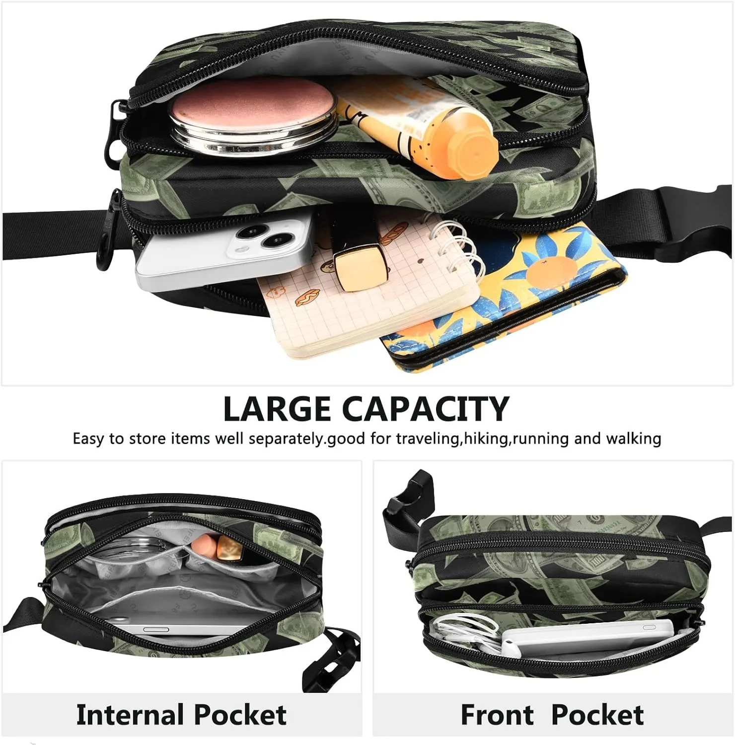 Oyihfvs 3D American US Dollars Falling with Black Background Adjustable Fanny Waist Pack Pouch, Waterproof Runners Sports Waist Pack Wallet for Sports Hiking Fitness Cycling Gym Women Men