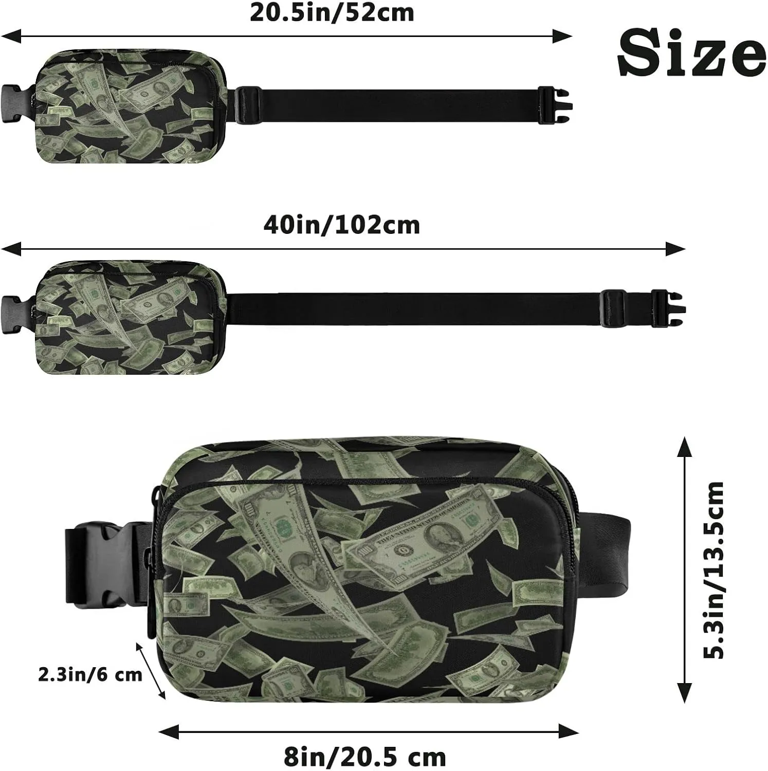 Oyihfvs 3D American US Dollars Falling with Black Background Adjustable Fanny Waist Pack Pouch, Waterproof Runners Sports Waist Pack Wallet for Sports Hiking Fitness Cycling Gym Women Men