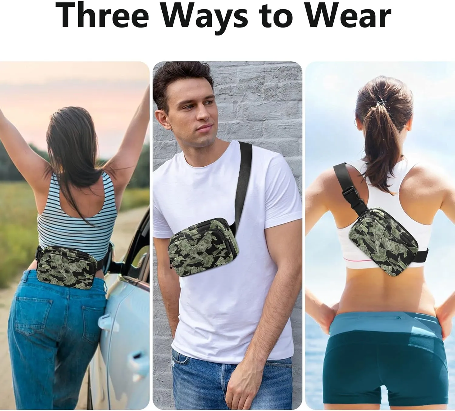 Oyihfvs 3D American US Dollars Falling with Black Background Adjustable Fanny Waist Pack Pouch, Waterproof Runners Sports Waist Pack Wallet for Sports Hiking Fitness Cycling Gym Women Men