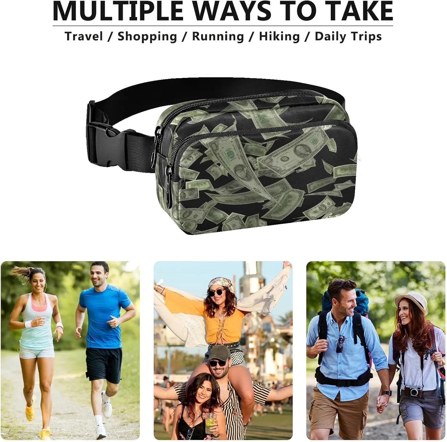 Oyihfvs 3D American US Dollars Falling with Black Background Adjustable Fanny Waist Pack Pouch, Waterproof Runners Sports Waist Pack Wallet for Sports Hiking Fitness Cycling Gym Women Men