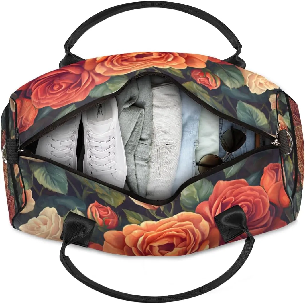 Personalized Blossom Roses Travel Duffel Bag with Name, Custom Gym Sport Bag Vintage Romantic Carry On Weekend Overnight Duffel Tote for Men Women
