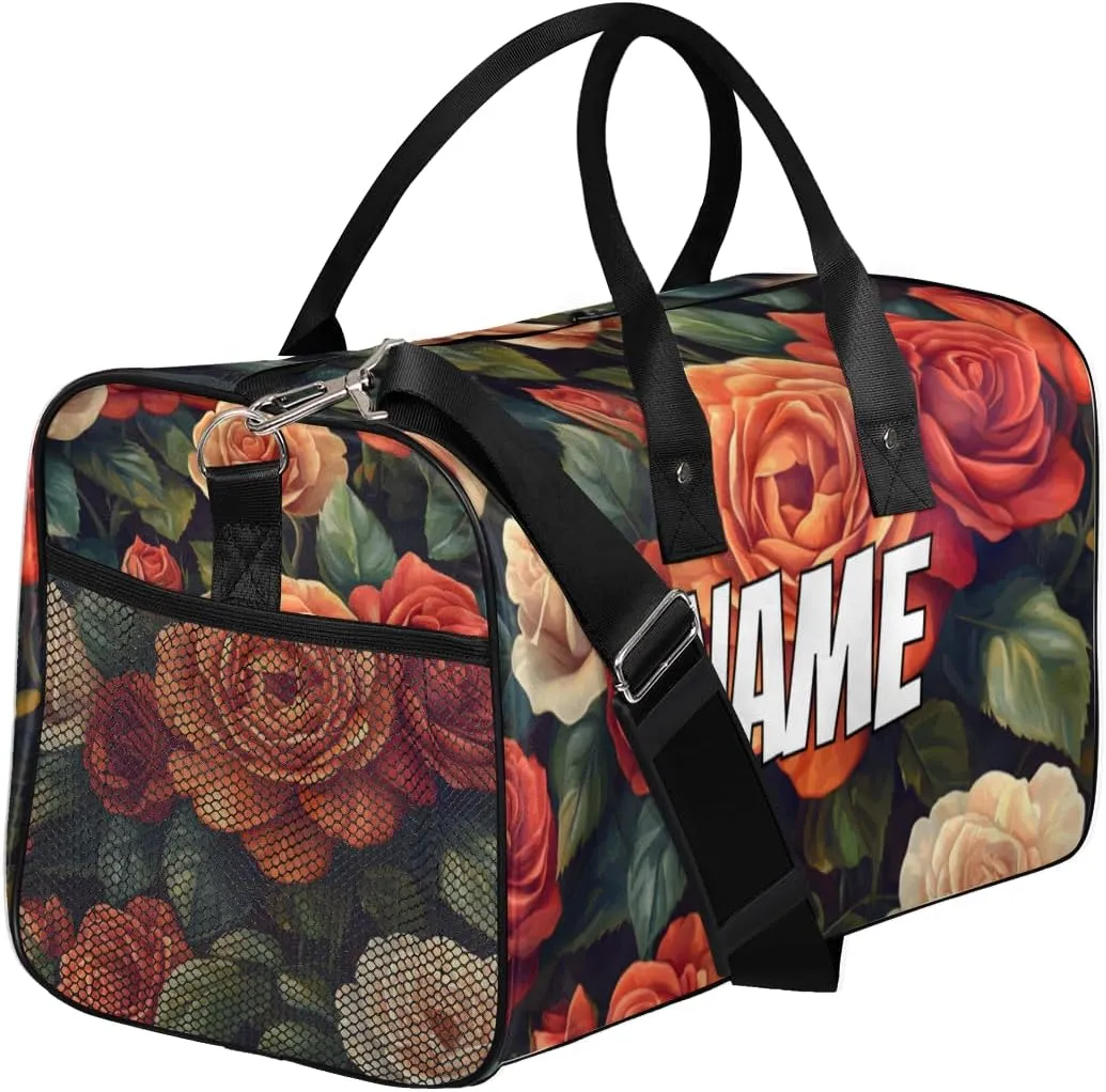 Personalized Blossom Roses Travel Duffel Bag with Name, Custom Gym Sport Bag Vintage Romantic Carry On Weekend Overnight Duffel Tote for Men Women
