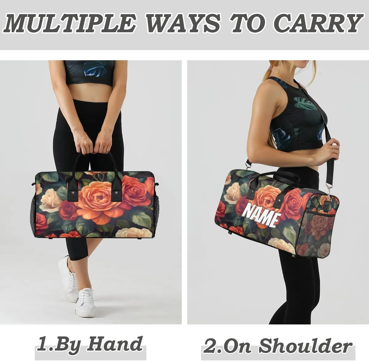 Personalized Blossom Roses Travel Duffel Bag with Name, Custom Gym Sport Bag Vintage Romantic Carry On Weekend Overnight Duffel Tote for Men Women