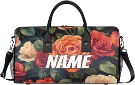 Personalized Blossom Roses Travel Duffel Bag with Name, Custom Gym Sport Bag Vintage Romantic Carry On Weekend Overnight Duffel Tote for Men Women