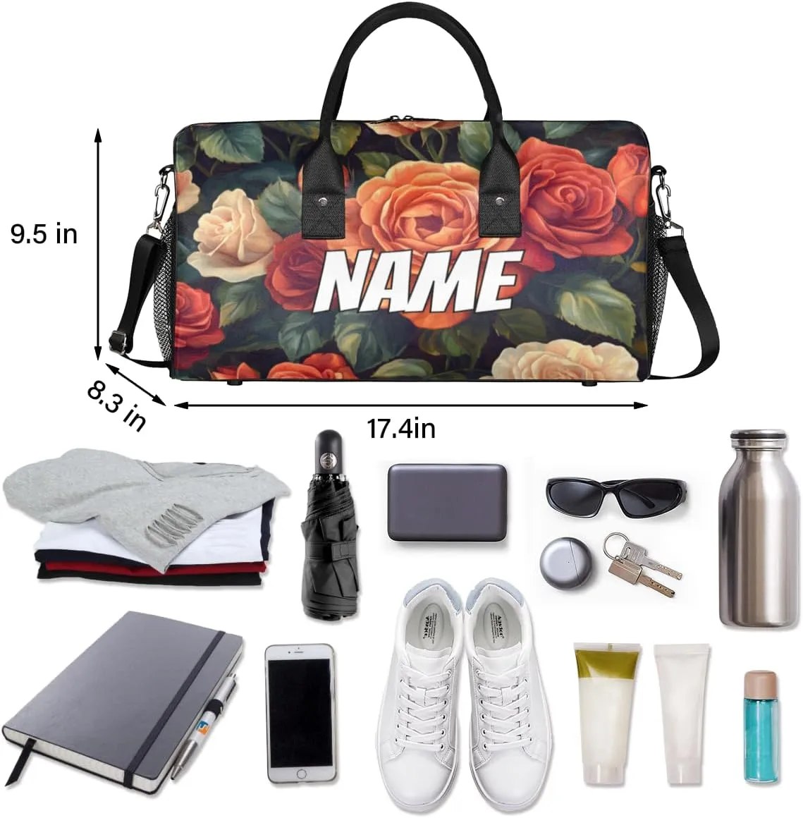 Personalized Blossom Roses Travel Duffel Bag with Name, Custom Gym Sport Bag Vintage Romantic Carry On Weekend Overnight Duffel Tote for Men Women