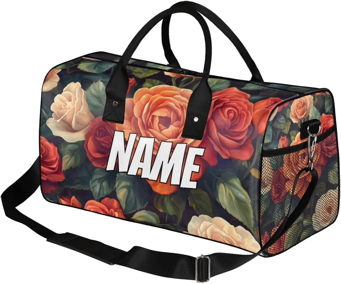Personalized Blossom Roses Travel Duffel Bag with Name, Custom Gym Sport Bag Vintage Romantic Carry On Weekend Overnight Duffel Tote for Men Women