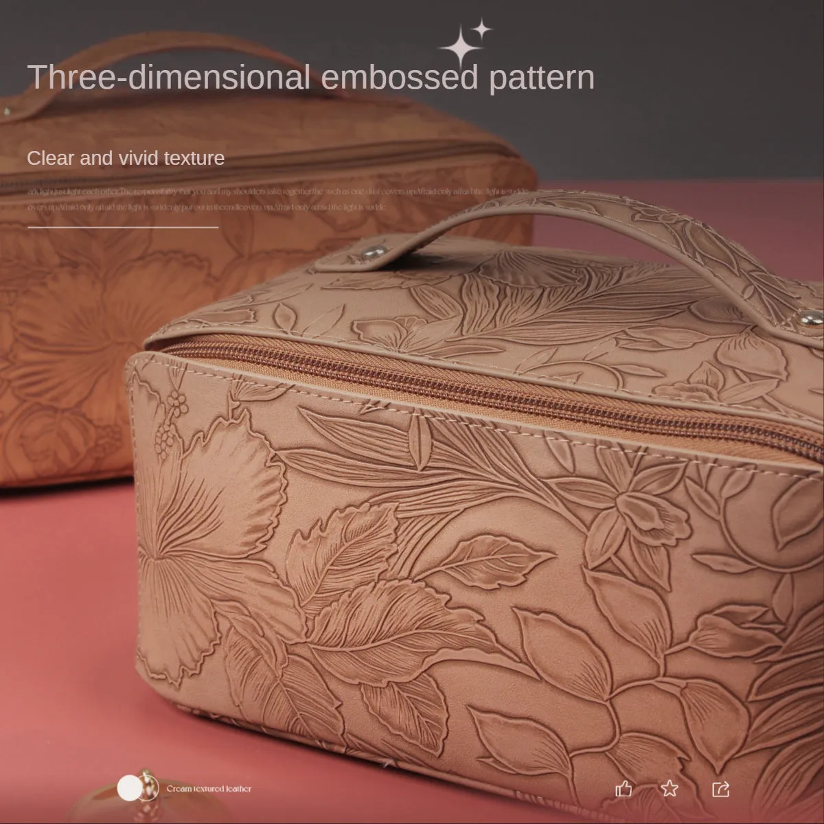 PU leather large capacity multi-function retro style three-dimensional embossed cosmetic bag advanced