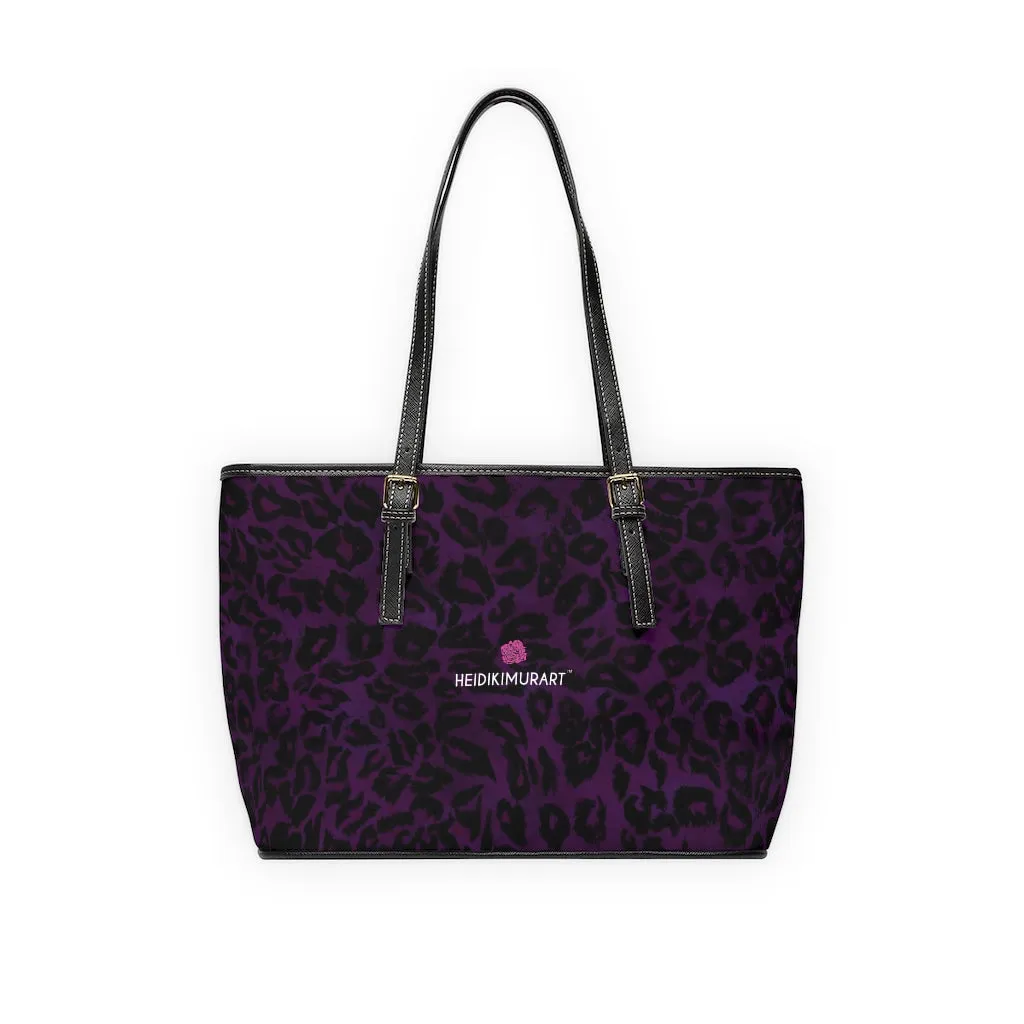 Purple Leopard Print Tote Bag, Animal Print PU Leather Shoulder Hand Work Bag 17"x11"/ 16"x10"