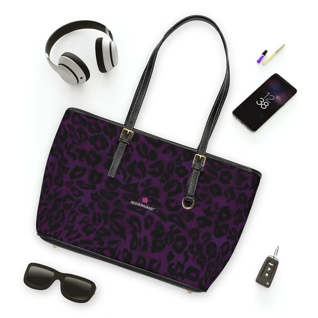 Purple Leopard Print Tote Bag, Animal Print PU Leather Shoulder Hand Work Bag 17"x11"/ 16"x10"