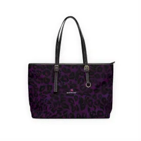Purple Leopard Print Tote Bag, Animal Print PU Leather Shoulder Hand Work Bag 17"x11"/ 16"x10"