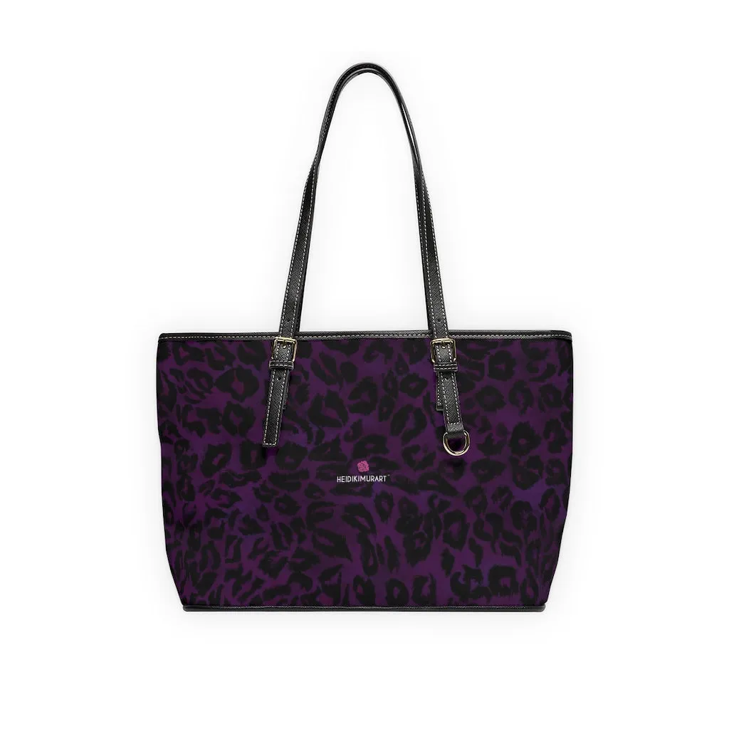 Purple Leopard Print Tote Bag, Animal Print PU Leather Shoulder Hand Work Bag 17"x11"/ 16"x10"