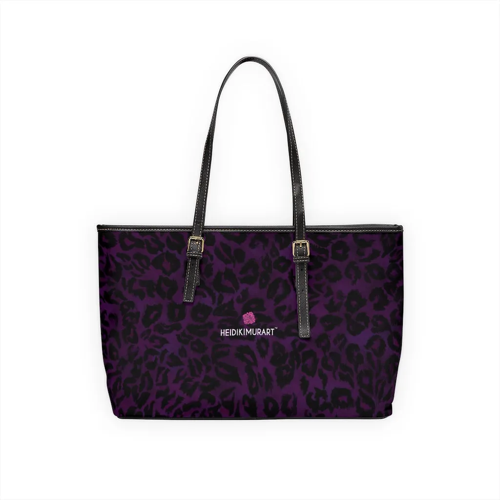 Purple Leopard Print Tote Bag, Animal Print PU Leather Shoulder Hand Work Bag 17"x11"/ 16"x10"