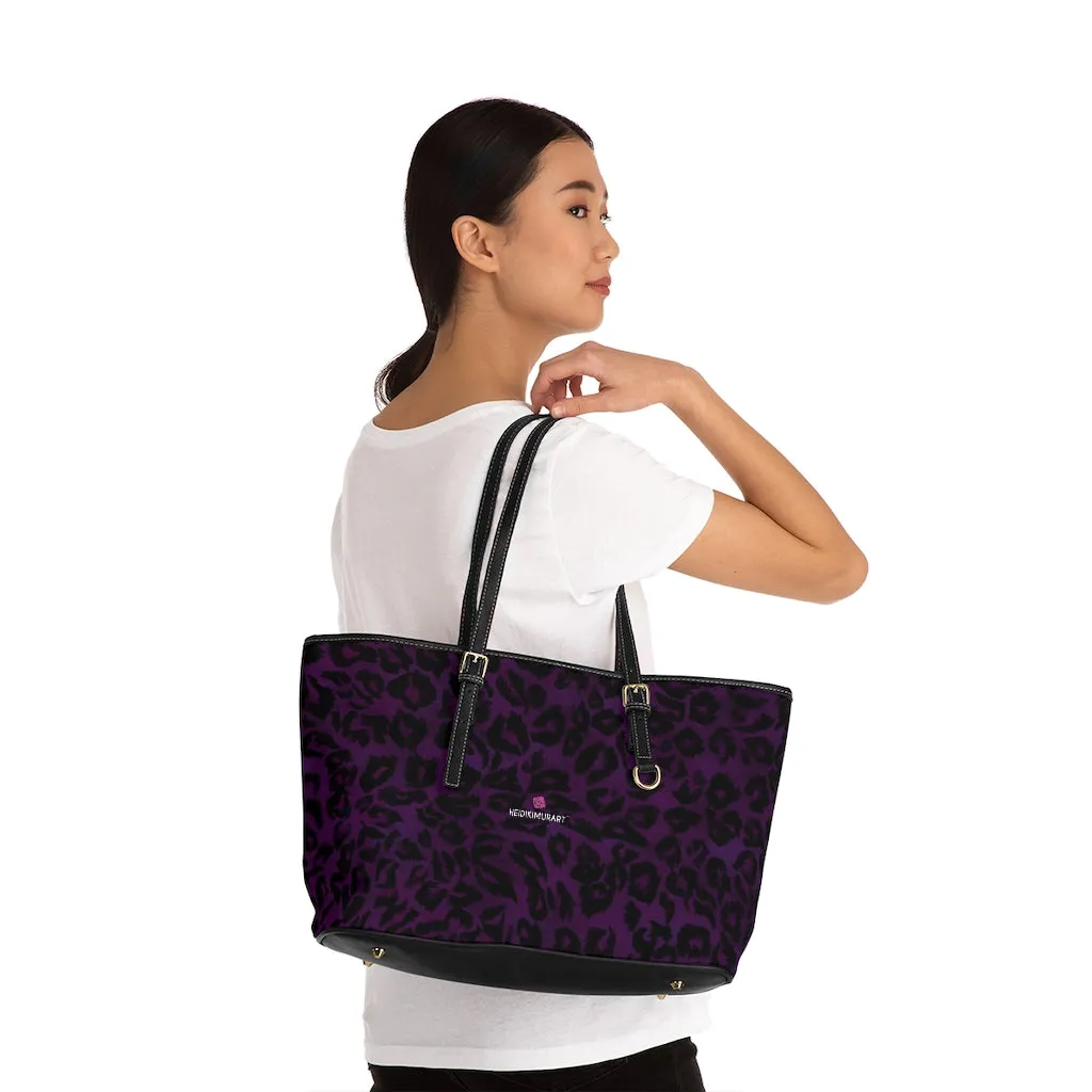 Purple Leopard Print Tote Bag, Animal Print PU Leather Shoulder Hand Work Bag 17"x11"/ 16"x10"