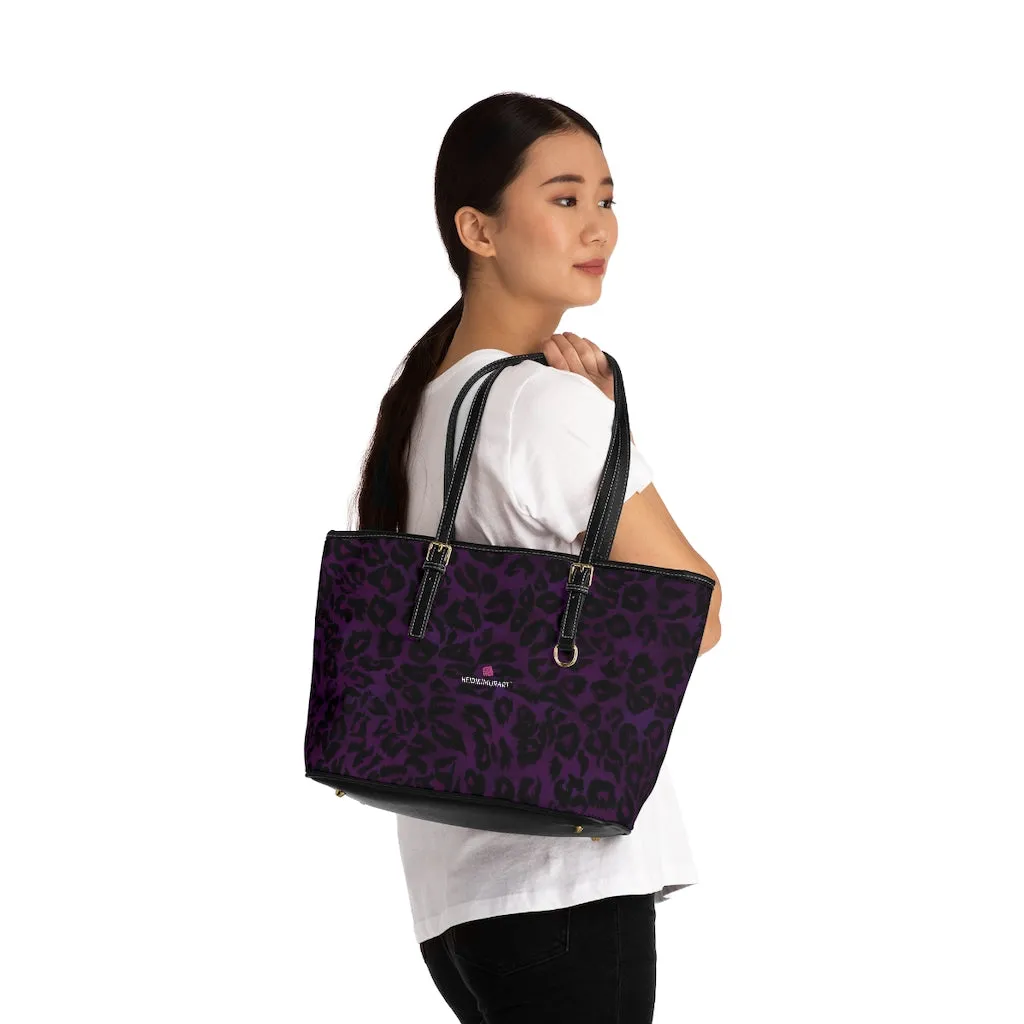 Purple Leopard Print Tote Bag, Animal Print PU Leather Shoulder Hand Work Bag 17"x11"/ 16"x10"