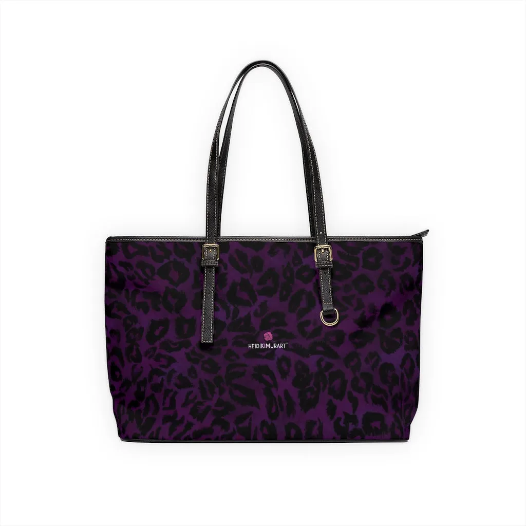 Purple Leopard Print Tote Bag, Animal Print PU Leather Shoulder Hand Work Bag 17"x11"/ 16"x10"