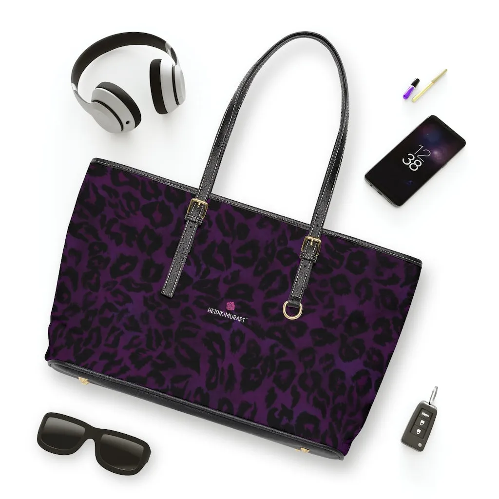 Purple Leopard Print Tote Bag, Animal Print PU Leather Shoulder Hand Work Bag 17"x11"/ 16"x10"