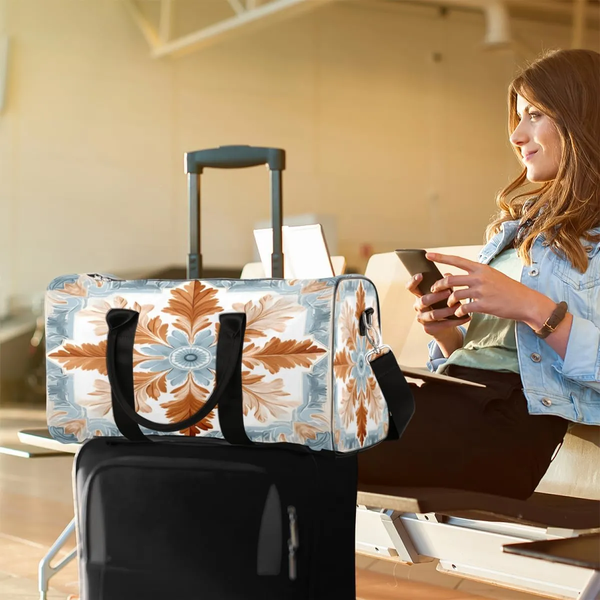 Retro Flower Travel Duffle Bag, Sports Gym Bags for Women Men, Carry On Weekender Overnight Bag, Boho Flowers Workout Hospital Airplane Trips Bag