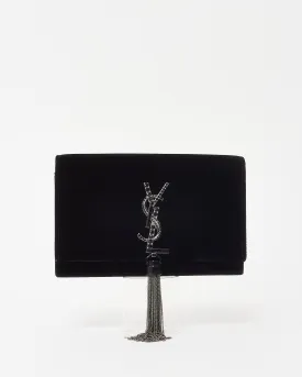 Saint Laurent Black Velvet Small Crystal Embellished YSL Logo Kate Tassel Crossbody Bag