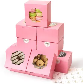 Shallive 4-Inch Small Cookie Boxes 100 Pcs Pink - Bakery Treat Boxes with Window for Barbie Favor To-go Containers for Cake Slice, Macarons, Donuts 4x4x2.5