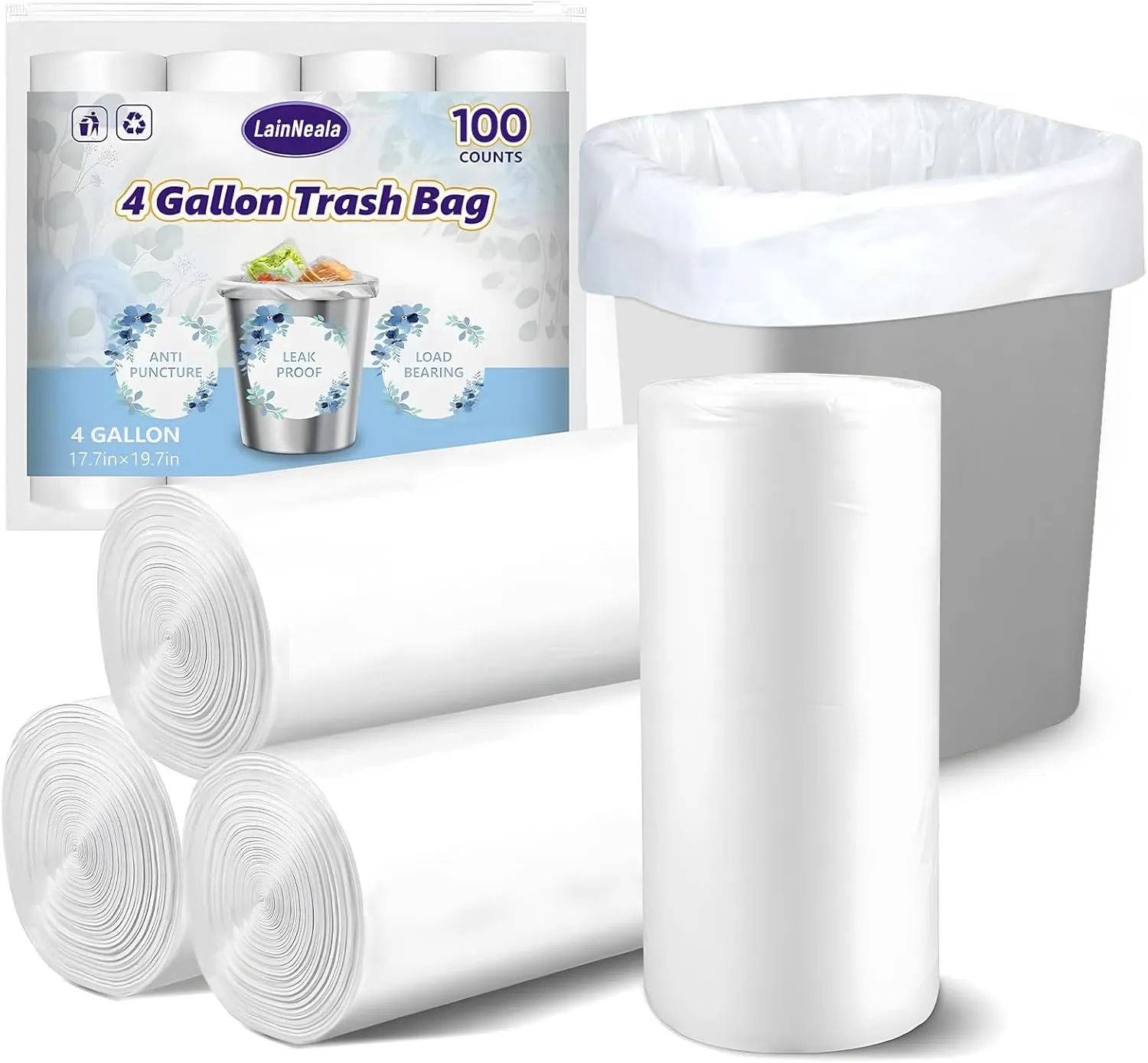 Small Trash Bags 4 Gallon, 100 Count Small Garbage Bag Bathroom White Mini Trash Bag Trash Can Liners Unscented Small Garbage Bags for Bathroom Can