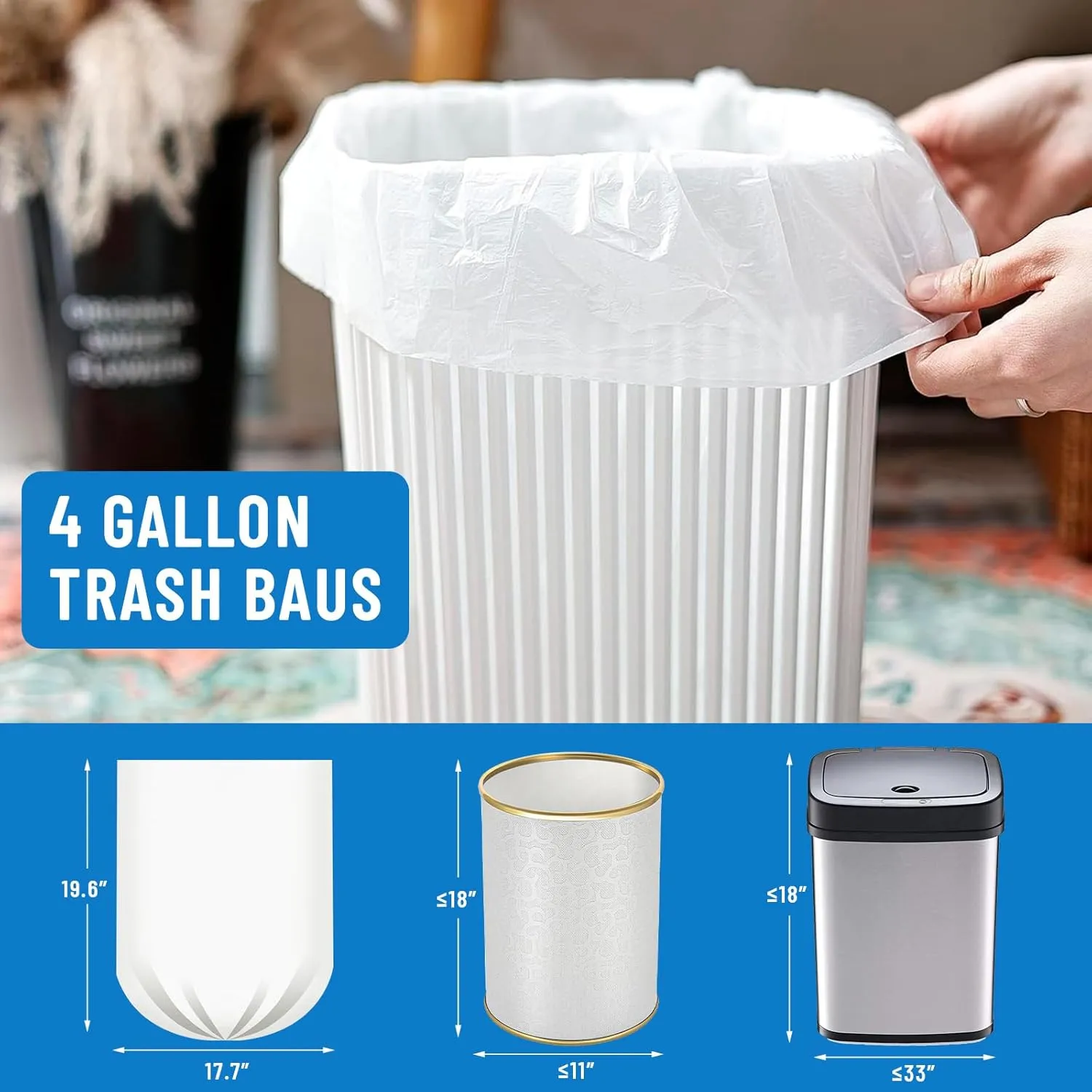 Small Trash Bags 4 Gallon, 100 Count Small Garbage Bag Bathroom White Mini Trash Bag Trash Can Liners Unscented Small Garbage Bags for Bathroom Can