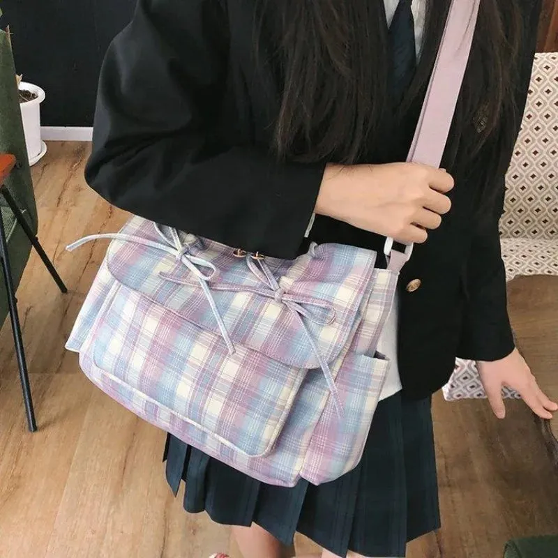 Sohiwoo Sweet Tote Bags Female Ballet Drawstring Bow Crossbody Shoulder Bolso Mujer Casual Plaid Harajuku Commute Messenger Bolsas