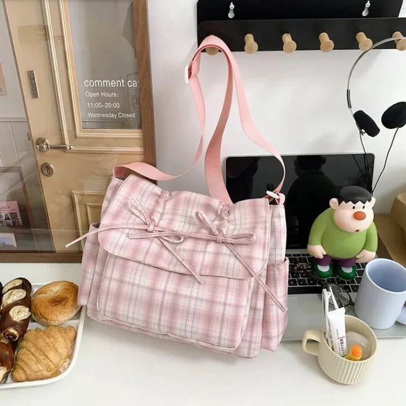 Sohiwoo Sweet Tote Bags Female Ballet Drawstring Bow Crossbody Shoulder Bolso Mujer Casual Plaid Harajuku Commute Messenger Bolsas