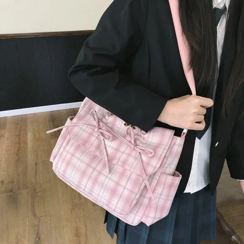 Sohiwoo Sweet Tote Bags Female Ballet Drawstring Bow Crossbody Shoulder Bolso Mujer Casual Plaid Harajuku Commute Messenger Bolsas