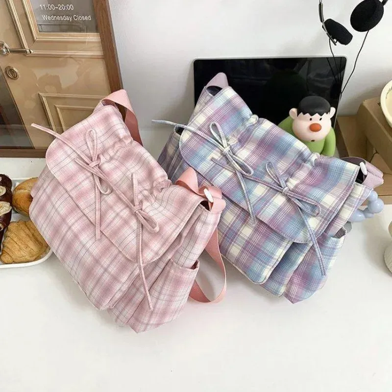 Sohiwoo Sweet Tote Bags Female Ballet Drawstring Bow Crossbody Shoulder Bolso Mujer Casual Plaid Harajuku Commute Messenger Bolsas