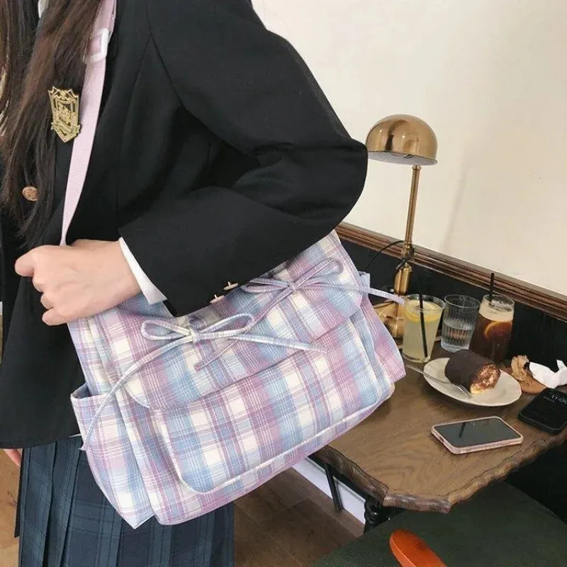 Sohiwoo Sweet Tote Bags Female Ballet Drawstring Bow Crossbody Shoulder Bolso Mujer Casual Plaid Harajuku Commute Messenger Bolsas