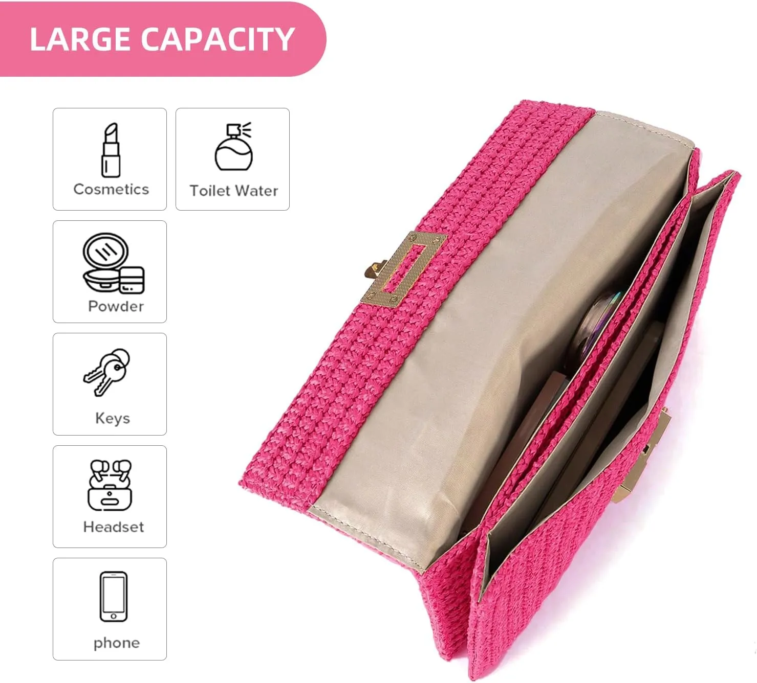 Straw Chain Clutch Purses for Women Ladies Woven Envelope Handbag Shoulder Crossbody Beach Bag