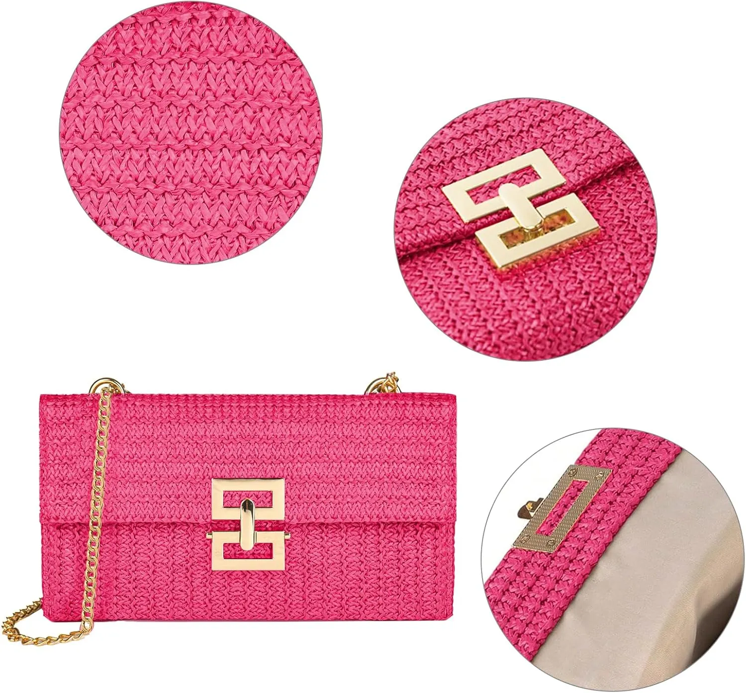 Straw Chain Clutch Purses for Women Ladies Woven Envelope Handbag Shoulder Crossbody Beach Bag