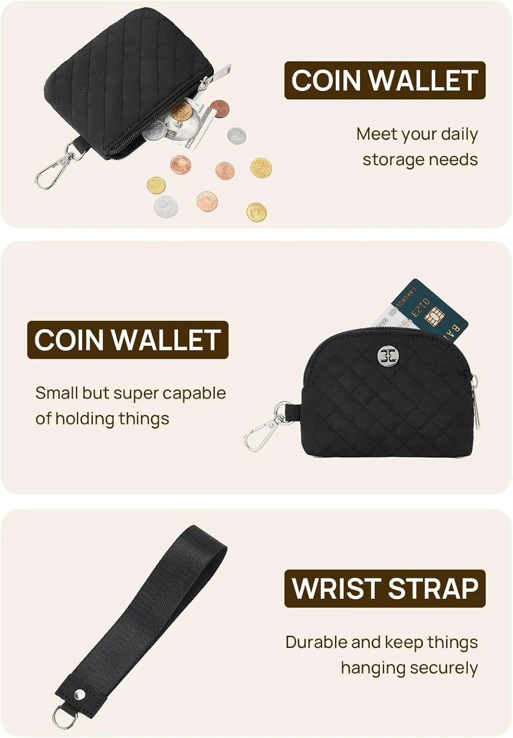 Telena Mini Zip Around Wristlet Wallets for Women Coin Purse Keychain Dual Pouch Wallet Black