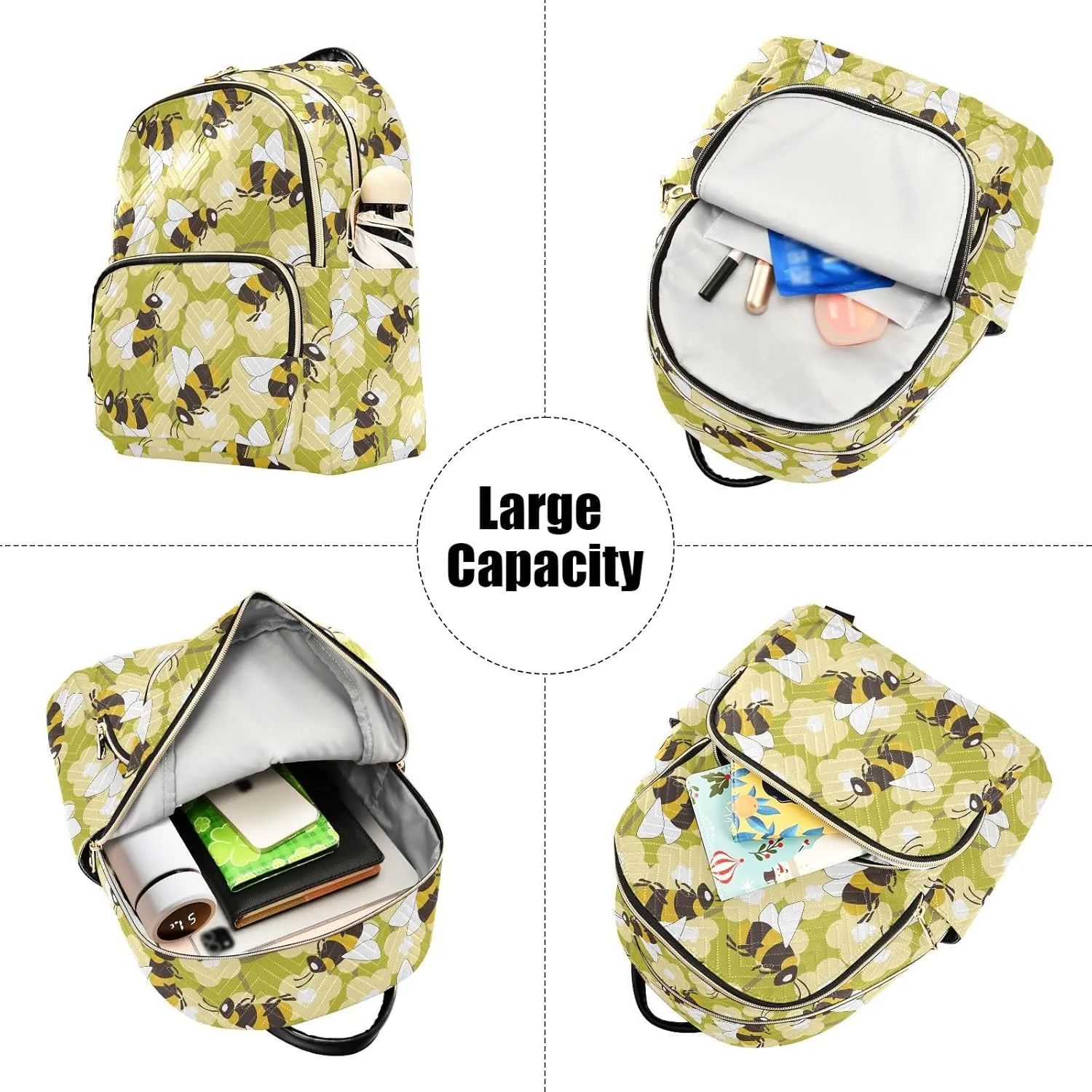 VIGTRO Women Fashion Backpack Quilted Mini Purse Colorful Bees Flowers, Lightweight Travel Casual Shoulder Backpack with Adjustable Straps Size M