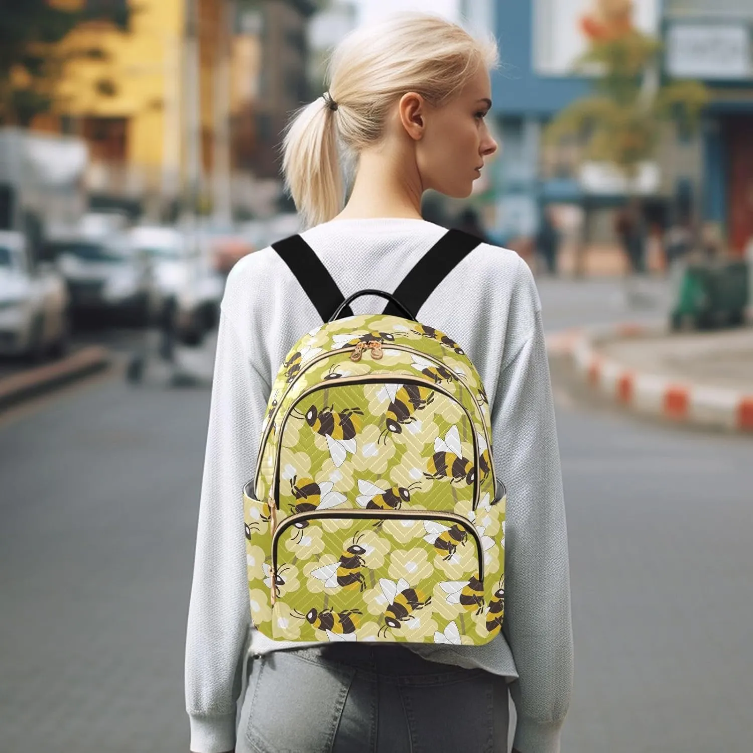 VIGTRO Women Fashion Backpack Quilted Mini Purse Colorful Bees Flowers, Lightweight Travel Casual Shoulder Backpack with Adjustable Straps Size M