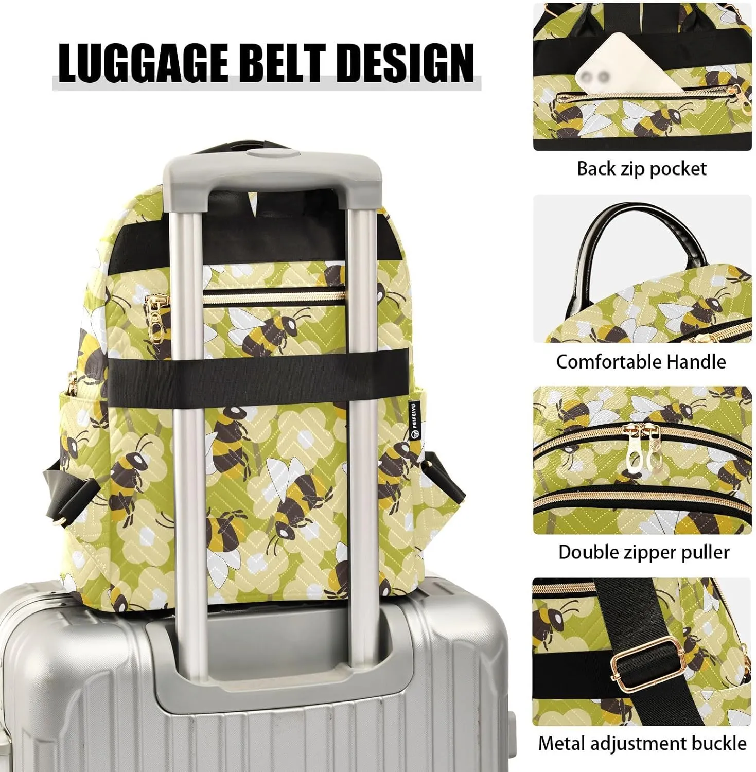 VIGTRO Women Fashion Backpack Quilted Mini Purse Colorful Bees Flowers, Lightweight Travel Casual Shoulder Backpack with Adjustable Straps Size M