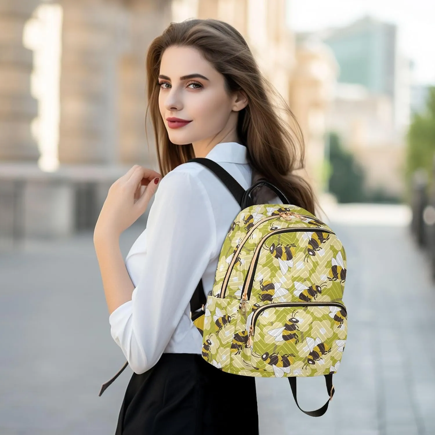 VIGTRO Women Fashion Backpack Quilted Mini Purse Colorful Bees Flowers, Lightweight Travel Casual Shoulder Backpack with Adjustable Straps Size M