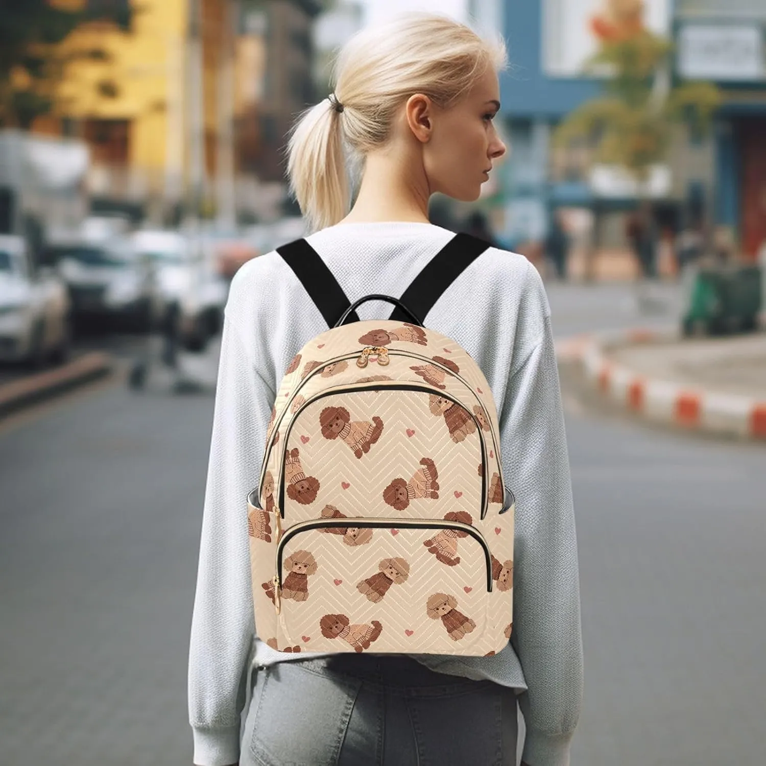 VIGTRO Women Fashion Backpack Quilted Mini Purse Cute Brown Poodle with Sweater, Lightweight Travel Casual Shoulder Backpack with Adjustable Straps Size M