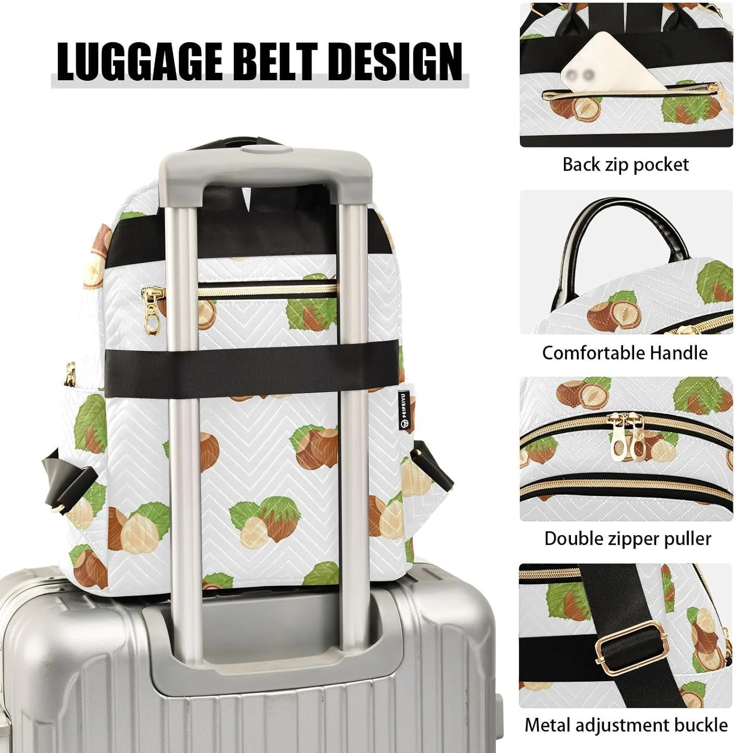 VIGTRO Women Fashion Backpack Quilted Mini Purse Forest Food Hazelnuts, Lightweight Travel Casual Shoulder Backpack with Adjustable Straps Size S