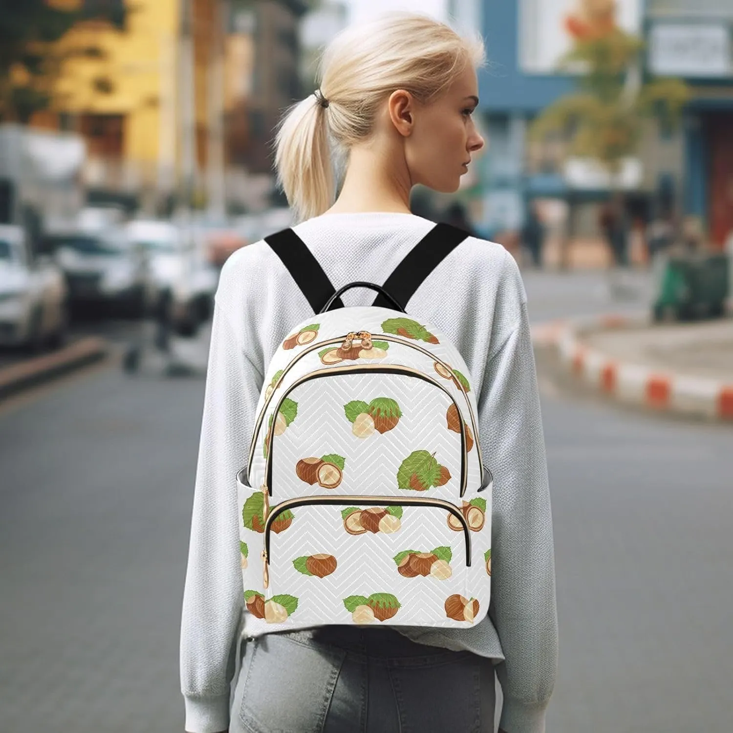 VIGTRO Women Fashion Backpack Quilted Mini Purse Forest Food Hazelnuts, Lightweight Travel Casual Shoulder Backpack with Adjustable Straps Size S