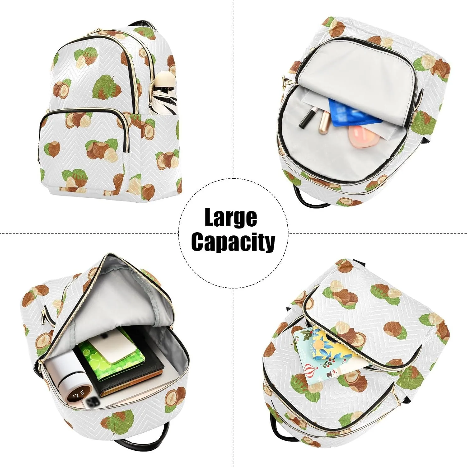 VIGTRO Women Fashion Backpack Quilted Mini Purse Forest Food Hazelnuts, Lightweight Travel Casual Shoulder Backpack with Adjustable Straps Size S