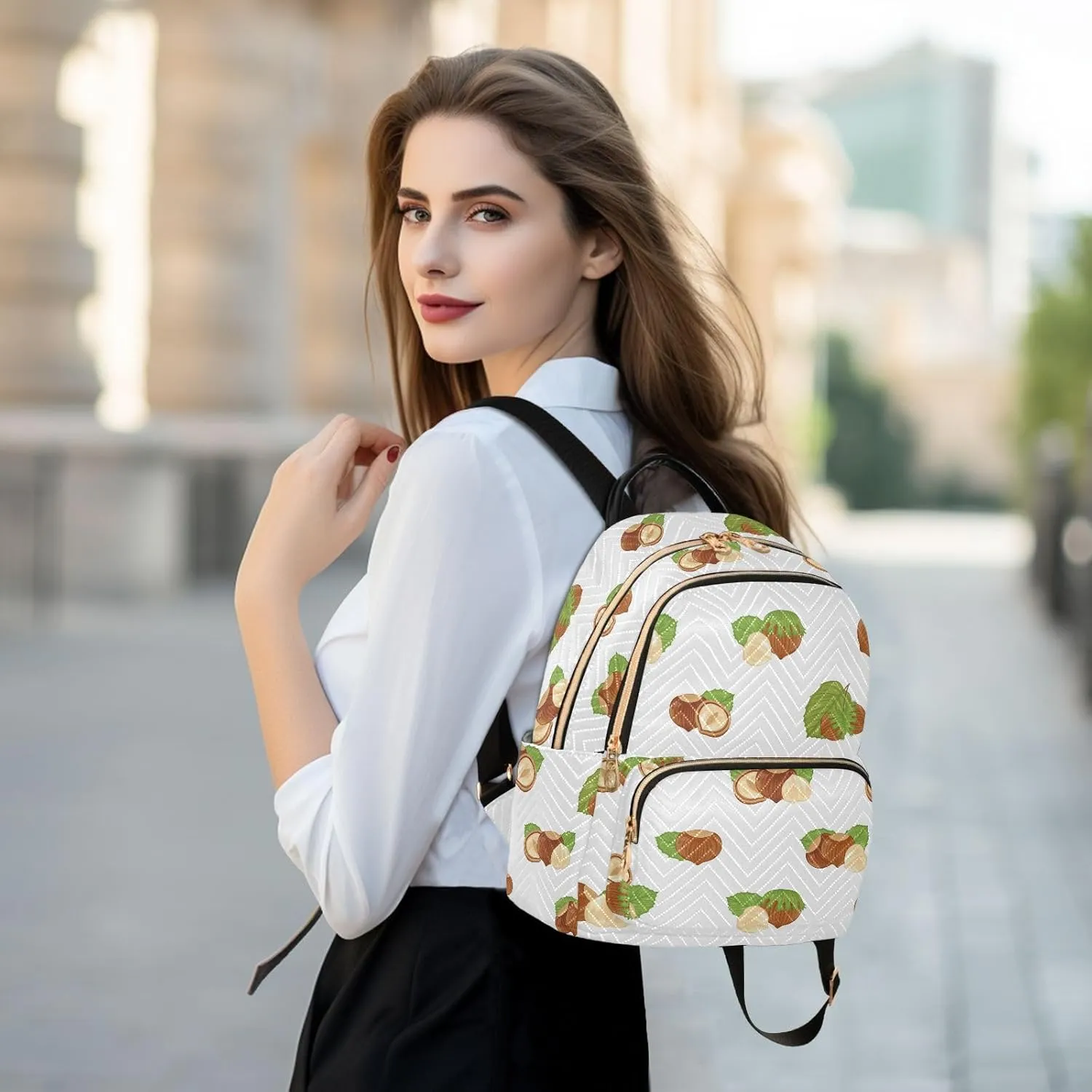 VIGTRO Women Fashion Backpack Quilted Mini Purse Forest Food Hazelnuts, Lightweight Travel Casual Shoulder Backpack with Adjustable Straps Size S