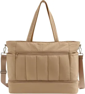 Weekender Bags for Women, Large Capacity Carry On Duffle Bag with Shoe Compartment & Wet Pocket - TSA-Approved Personal Item Bag for Air Travel, Gym, Hospital, Water-Resistant Puffer Tote (Brown)