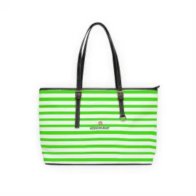White Green Stripes Tote Bag, 17"x11"/ 16"x10" Designer Striped PU Leather Shoulder Hand Bag