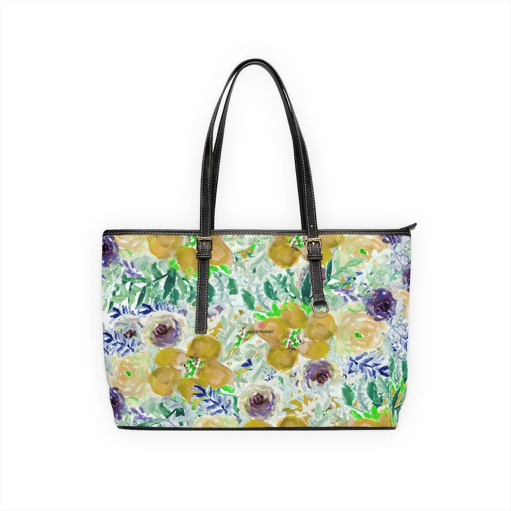 Yellow Floral Rose Tote Bag, Flower Print Best Designer Women's PU Leather Shoulder Hand Work Bag