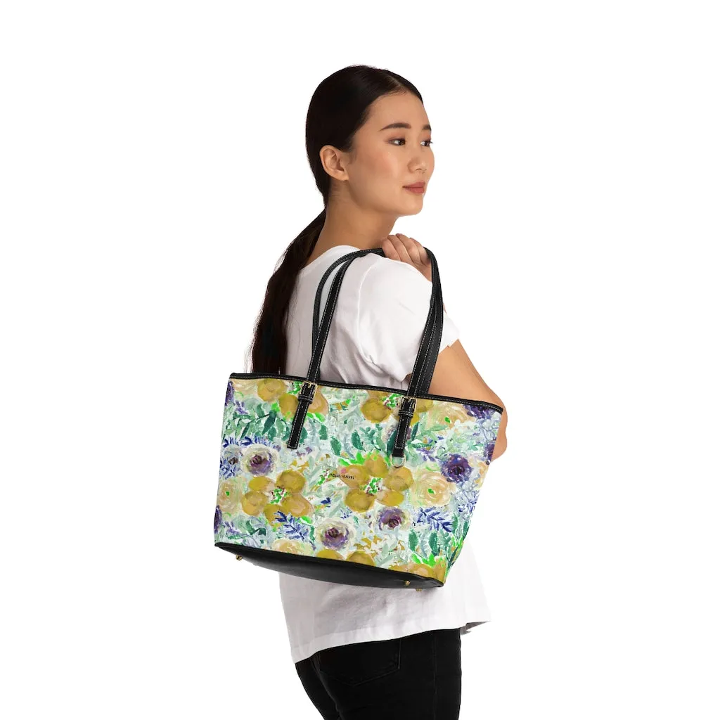 Yellow Floral Rose Tote Bag, Flower Print Best Designer Women's PU Leather Shoulder Hand Work Bag